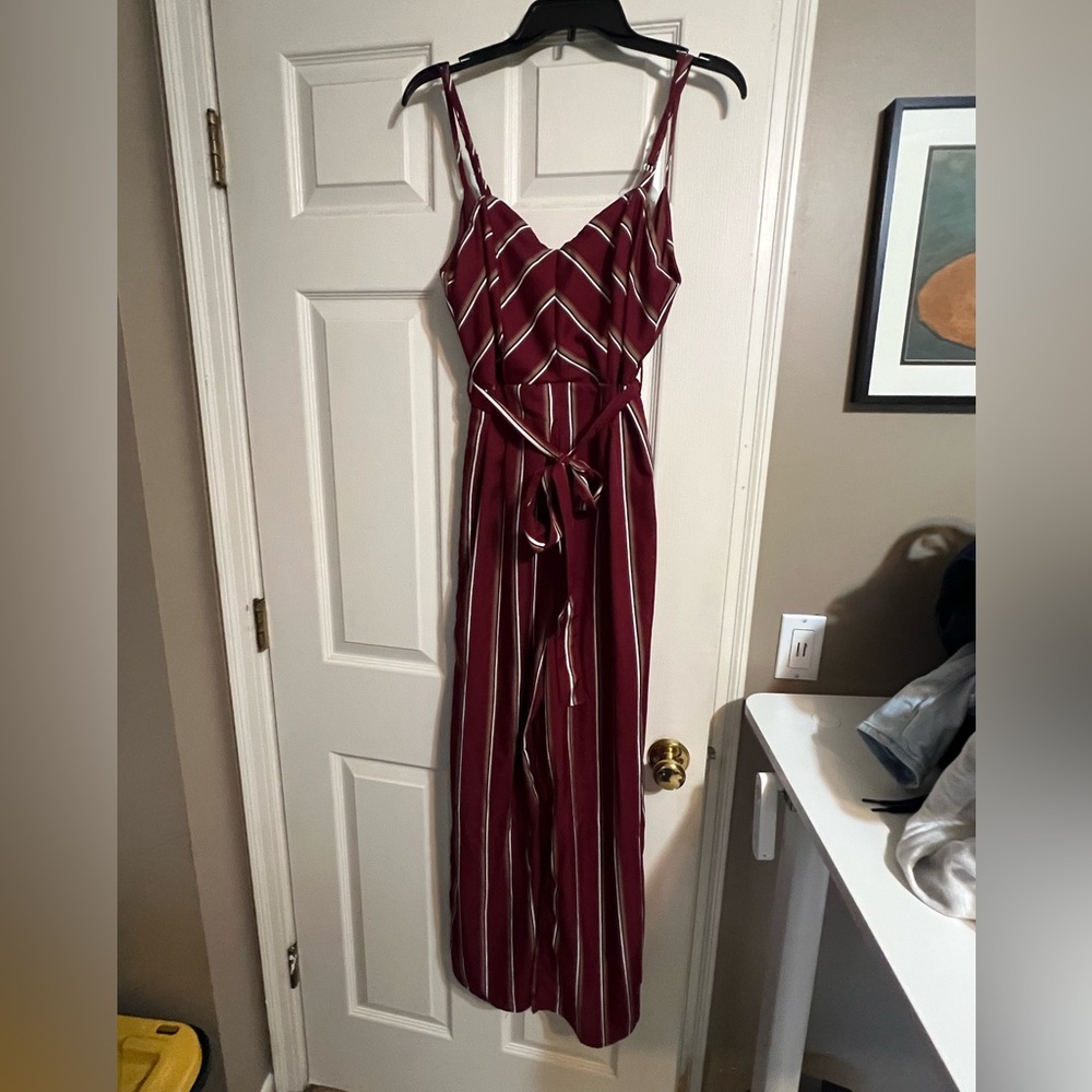 Fashion Nova burgundy striped jumpsuit size M